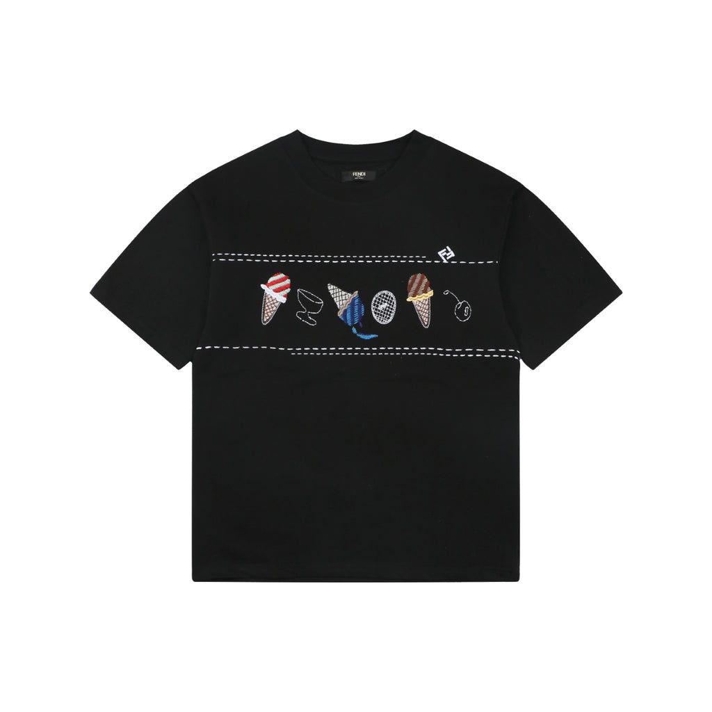 Fendi Ice Cream Stripe Embroidered Tee – Black