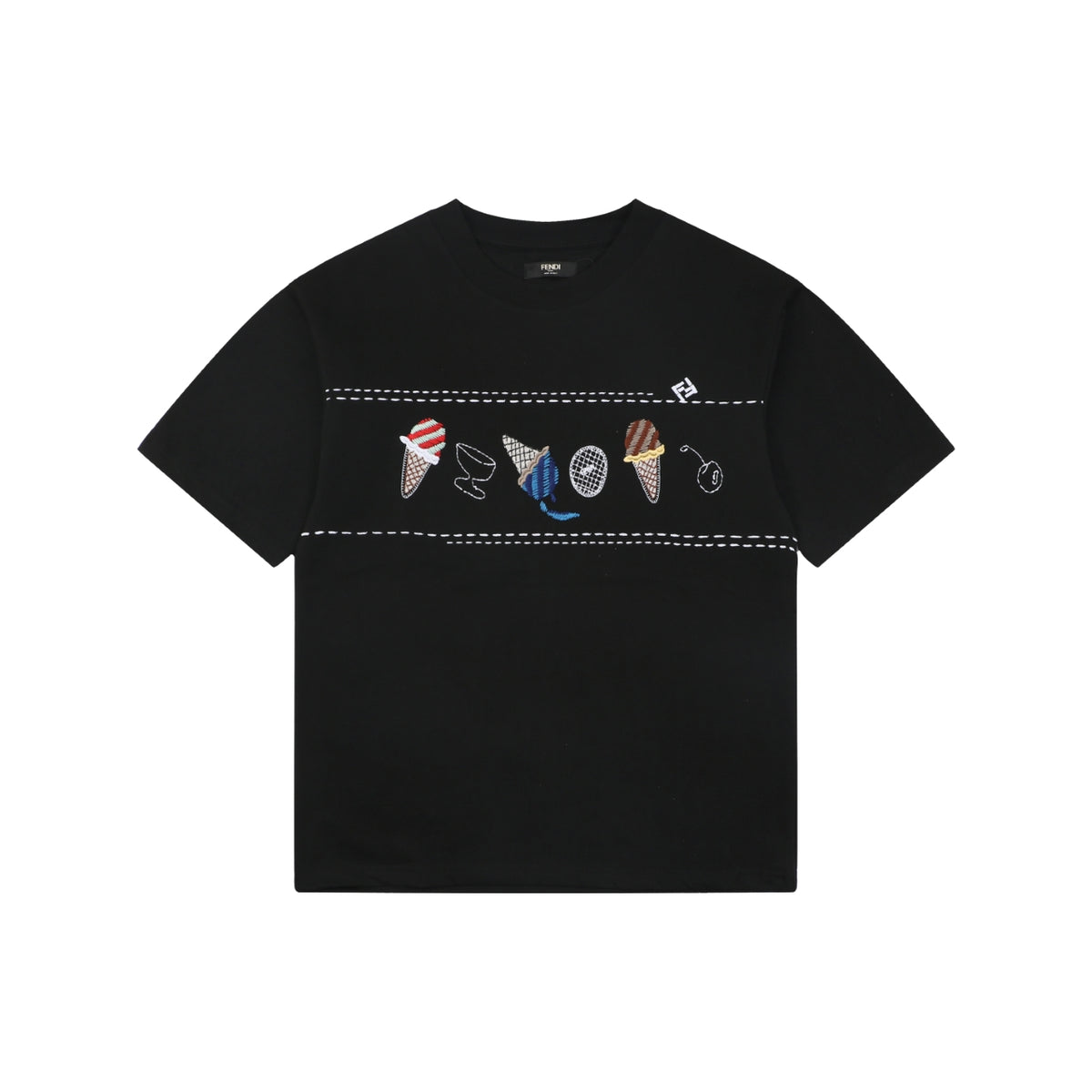 Fendi Ice Cream Stripe Embroidered Tee – Black