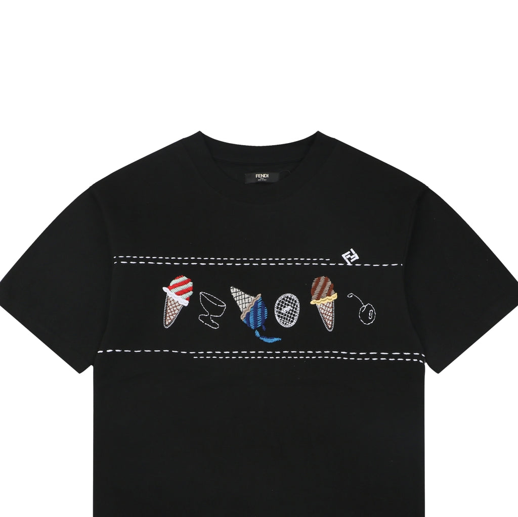 Fendi Ice Cream Stripe Embroidered Tee – Black
