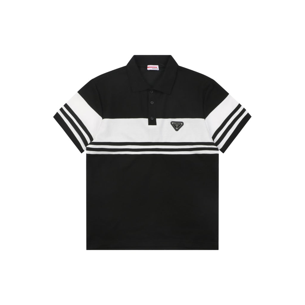 Prada Stripe Triangle Logo Polo Shirt – Black
