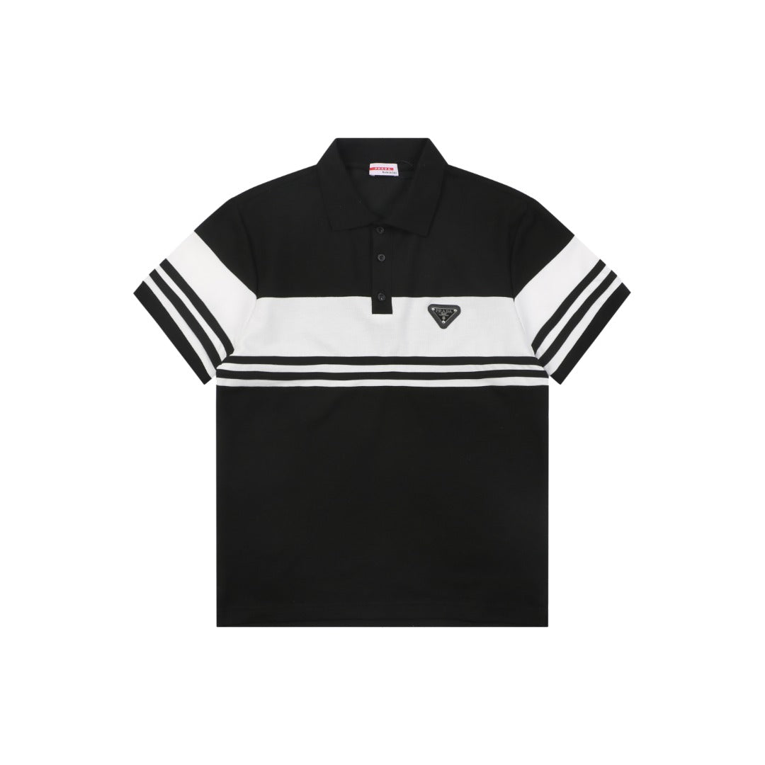 Prada Stripe Triangle Logo Polo Shirt – Black