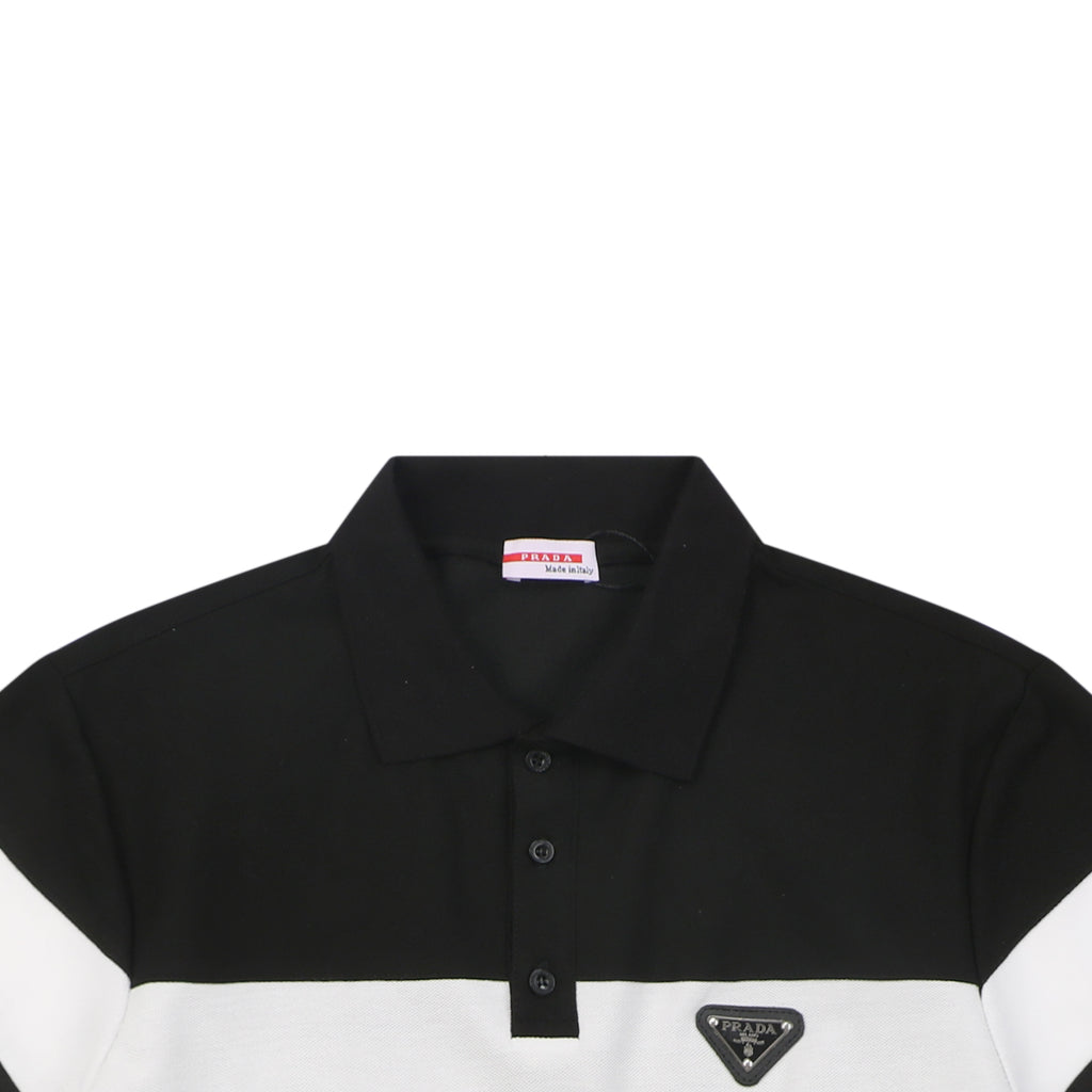 Prada Stripe Triangle Logo Polo Shirt – Black