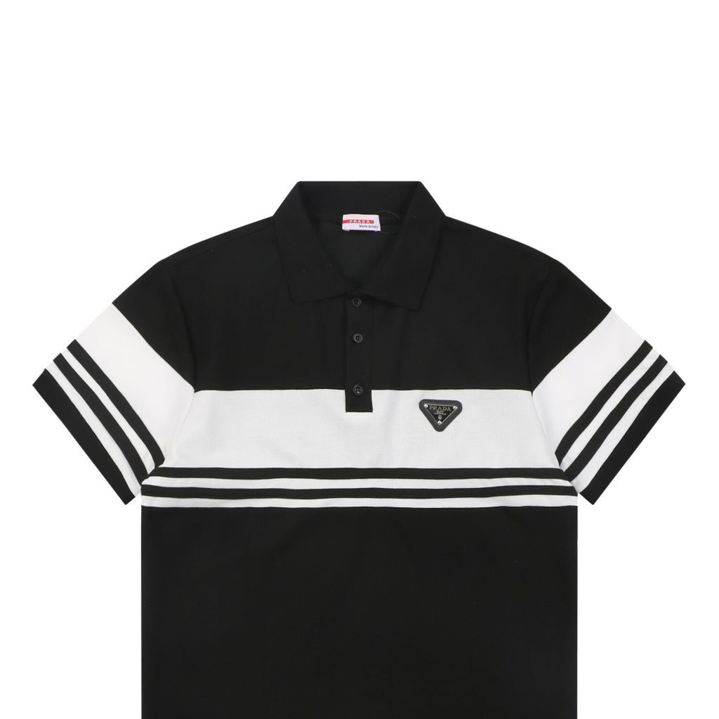 Prada Stripe Triangle Logo Polo Shirt – Black