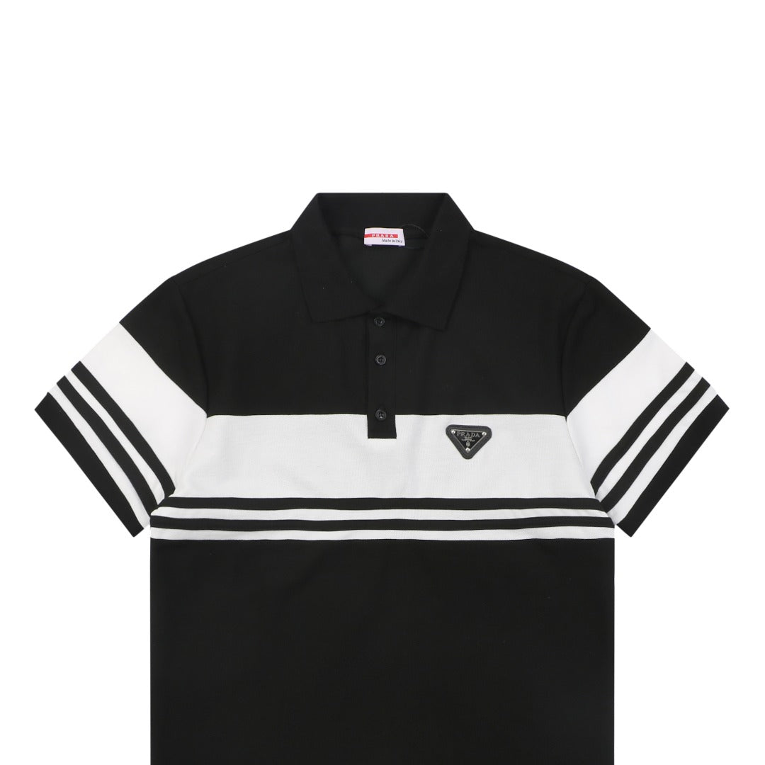 Prada Stripe Triangle Logo Polo Shirt – Black