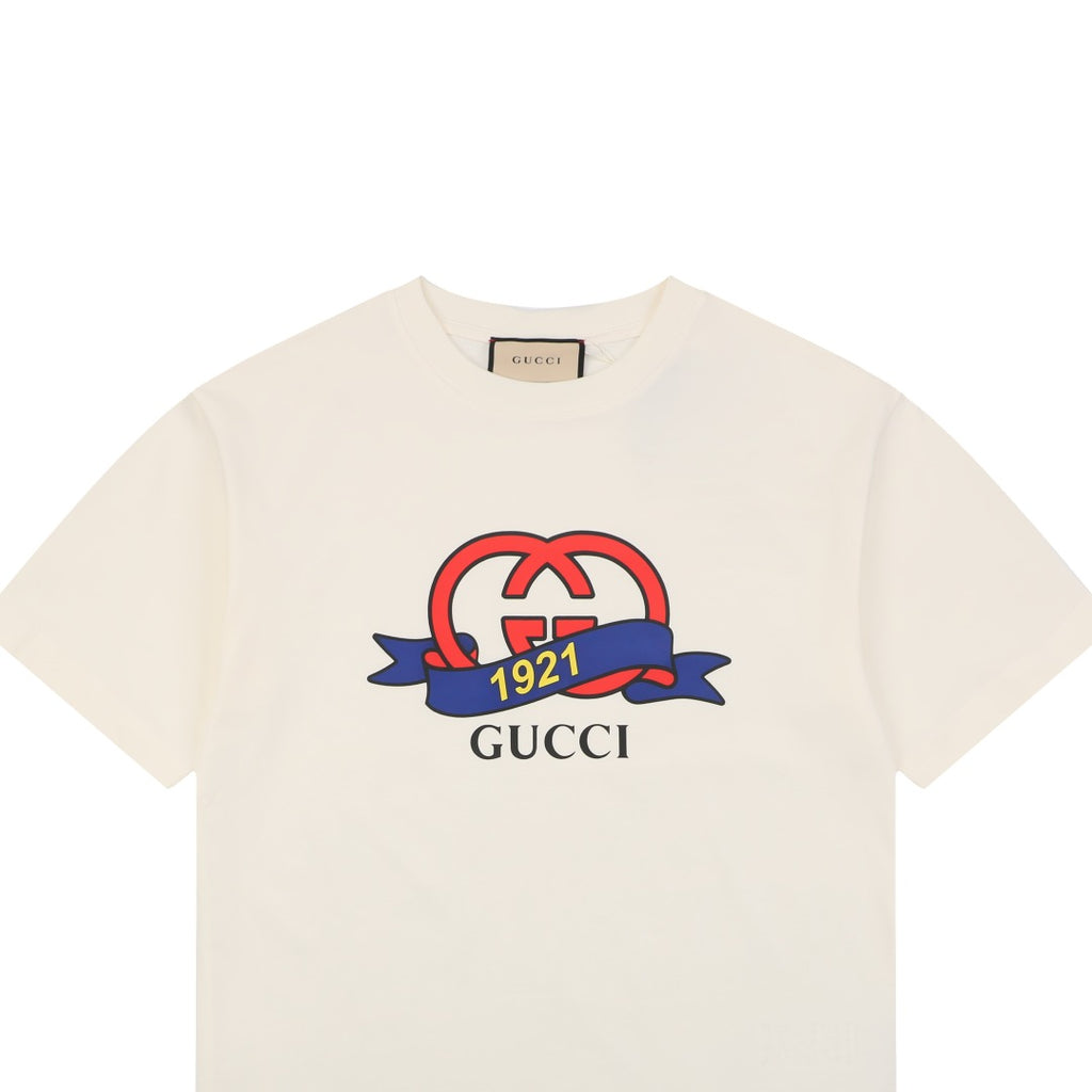 Gucci 1921 Ribbon Double G Print Tee – Cream