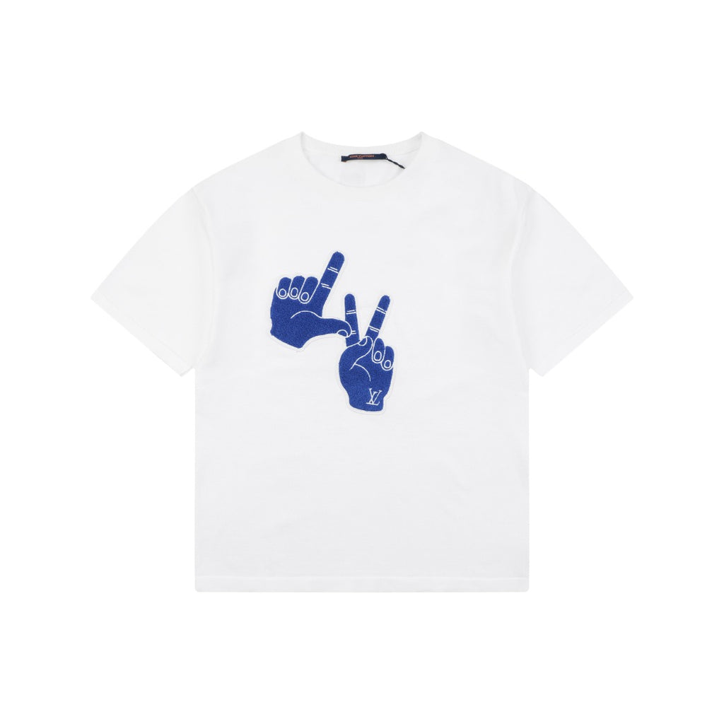 Louis Vuitton Blue Hand Gesture Jacquard Print Tee – White
