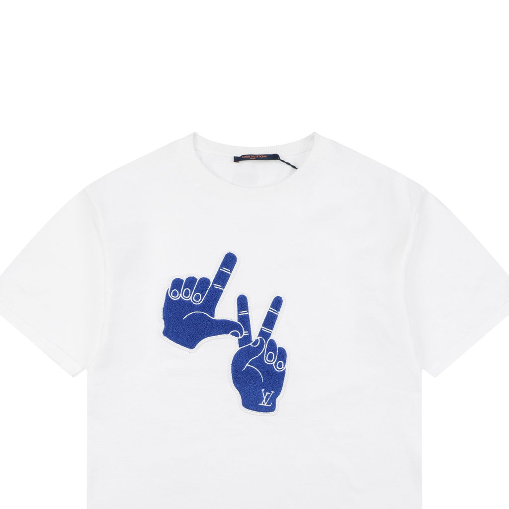 Louis Vuitton Blue Hand Gesture Jacquard Print Tee – White