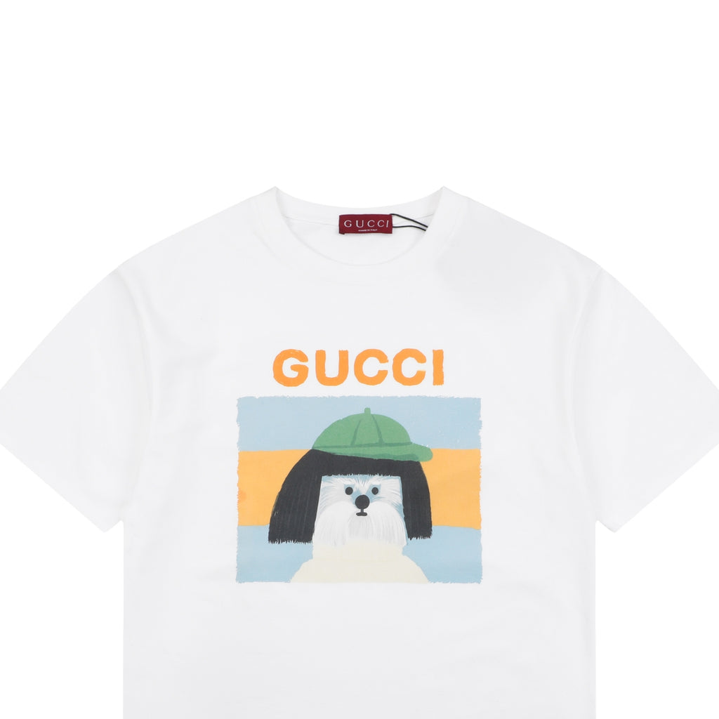 Gucci Mushroom Hat Dog Print Short Sleeve T-Shirt – White