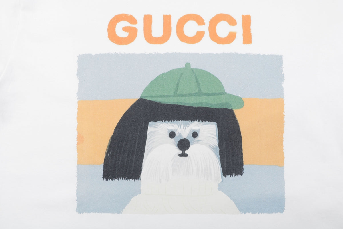 Gucci Mushroom Hat Dog Print Short Sleeve T-Shirt – White