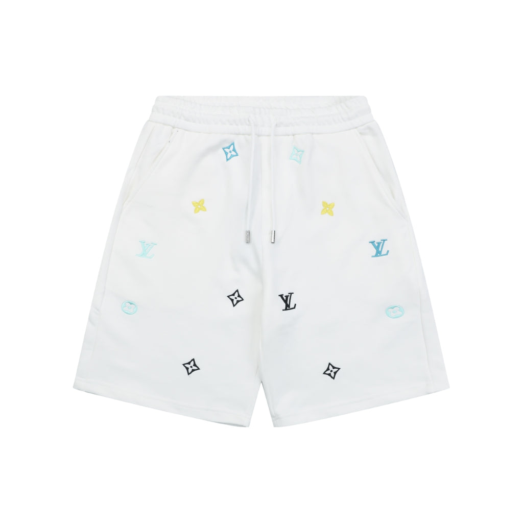 Louis Vuitton Blue & Yellow Scattered Monogram Embroidered Shorts – White