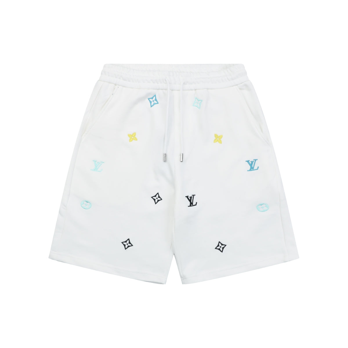 Louis Vuitton Blue & Yellow Scattered Monogram Embroidered Shorts – White
