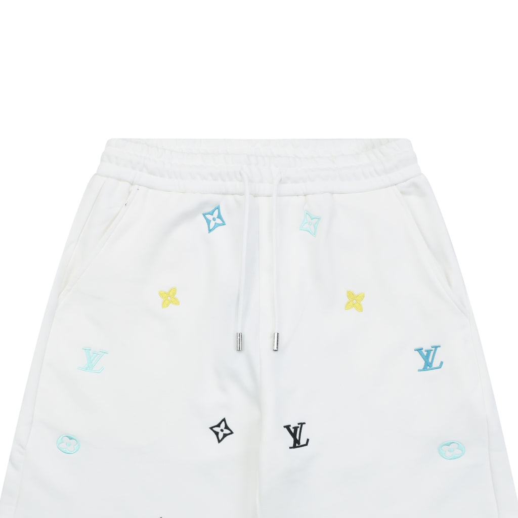 Louis Vuitton Blue & Yellow Scattered Monogram Embroidered Shorts – White