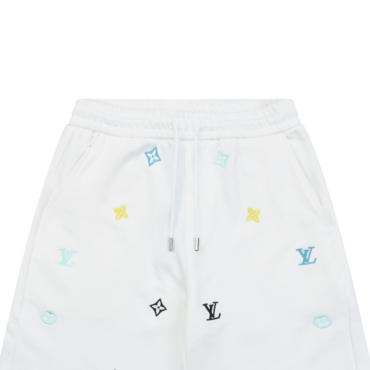Louis Vuitton Blue & Yellow Scattered Monogram Embroidered Shorts – White