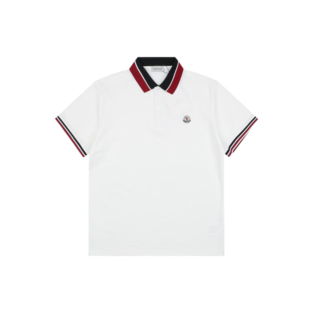 Moncler Black & Red Tipped Collar Polo Shirt – White