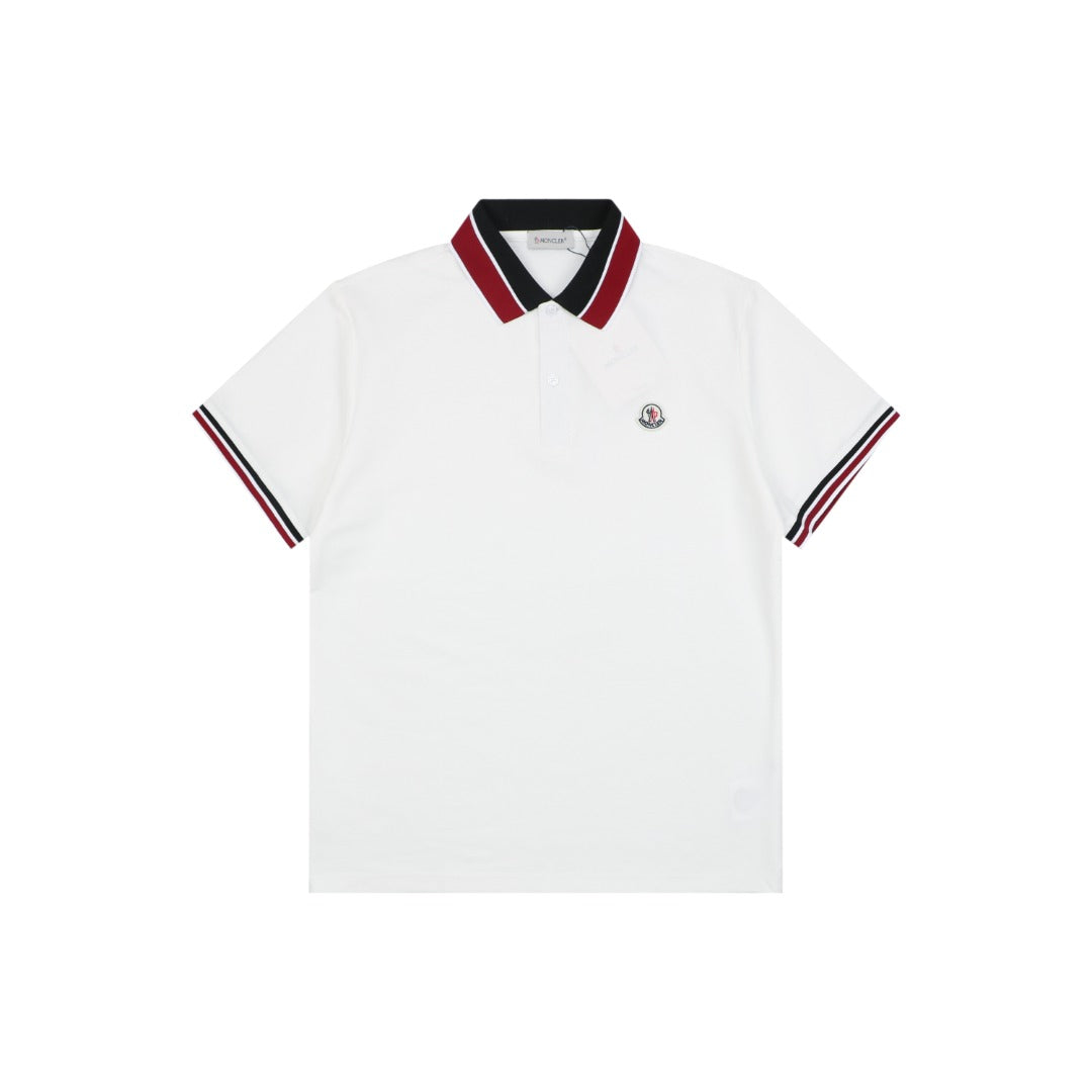 Moncler Black & Red Tipped Collar Polo Shirt – White