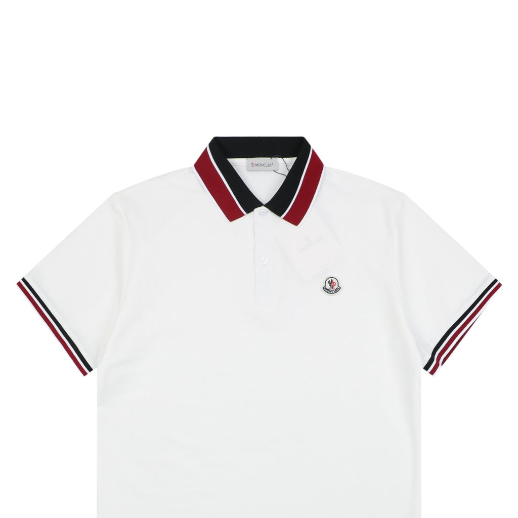 Moncler Black & Red Tipped Collar Polo Shirt – White