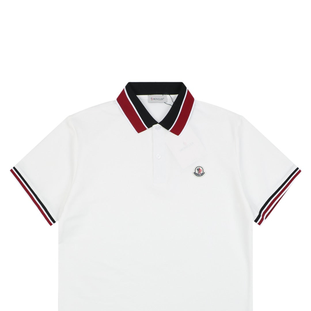 Moncler Black & Red Tipped Collar Polo Shirt – White