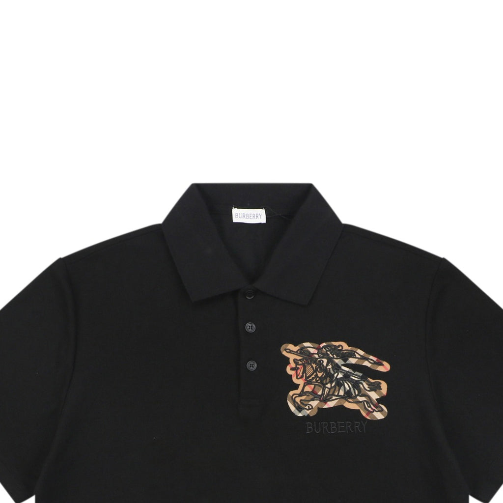 Burberry Tartan Equestrian Knight Embroidered Polo Shirt – Black