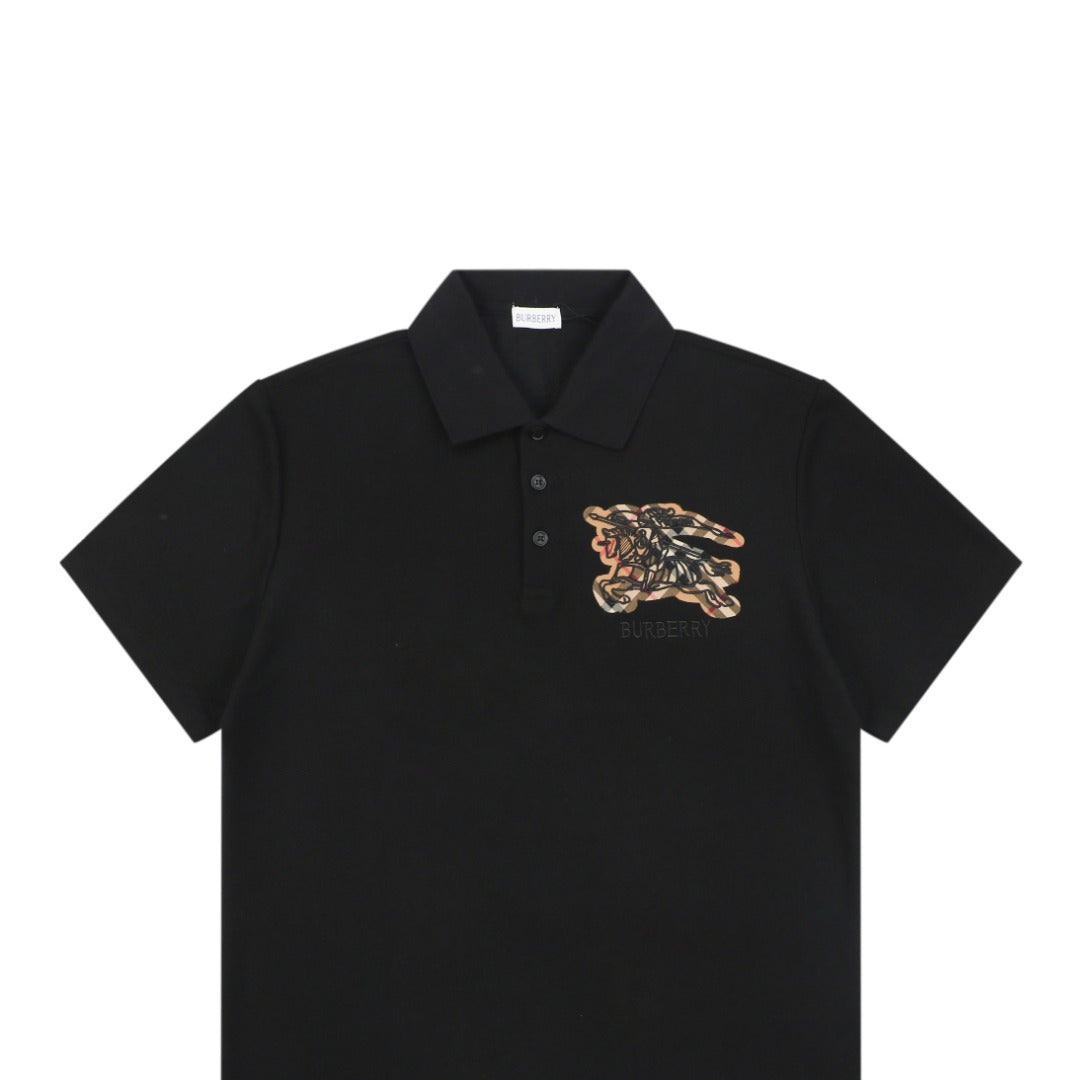 Burberry Tartan Equestrian Knight Embroidered Polo Shirt – Black