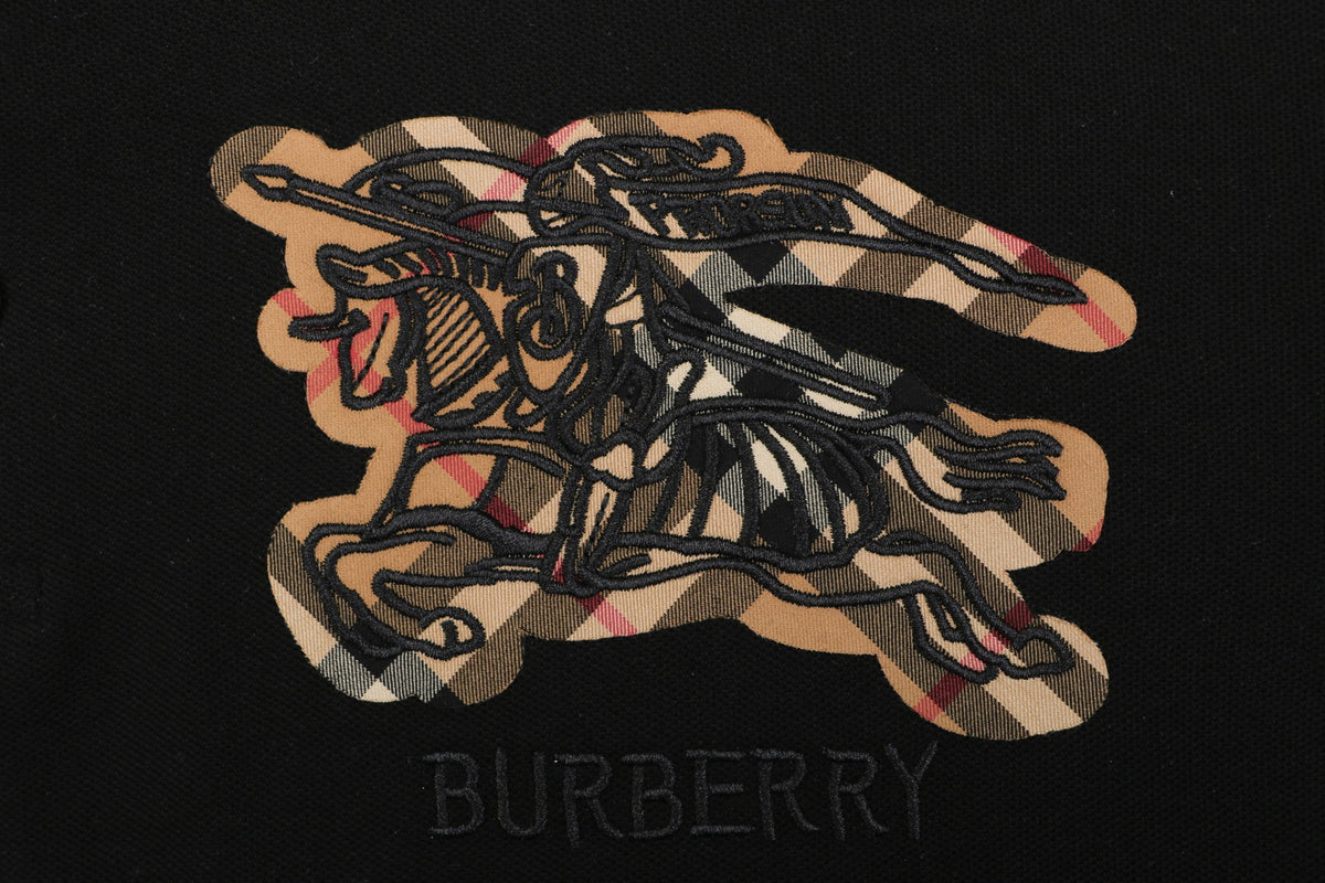 Burberry Tartan Equestrian Knight Embroidered Polo Shirt – Black