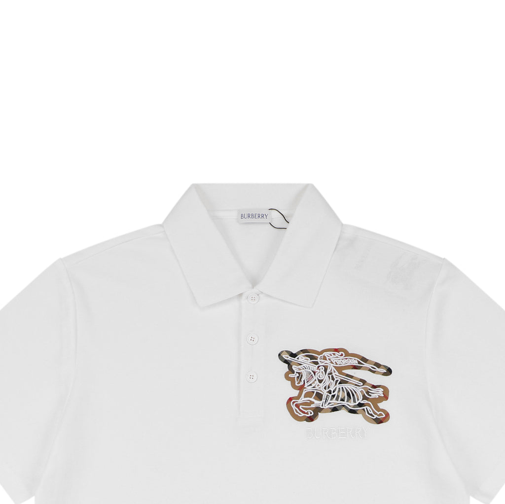 Burberry Tartan Equestrian Knight Embroidered Polo Shirt – White