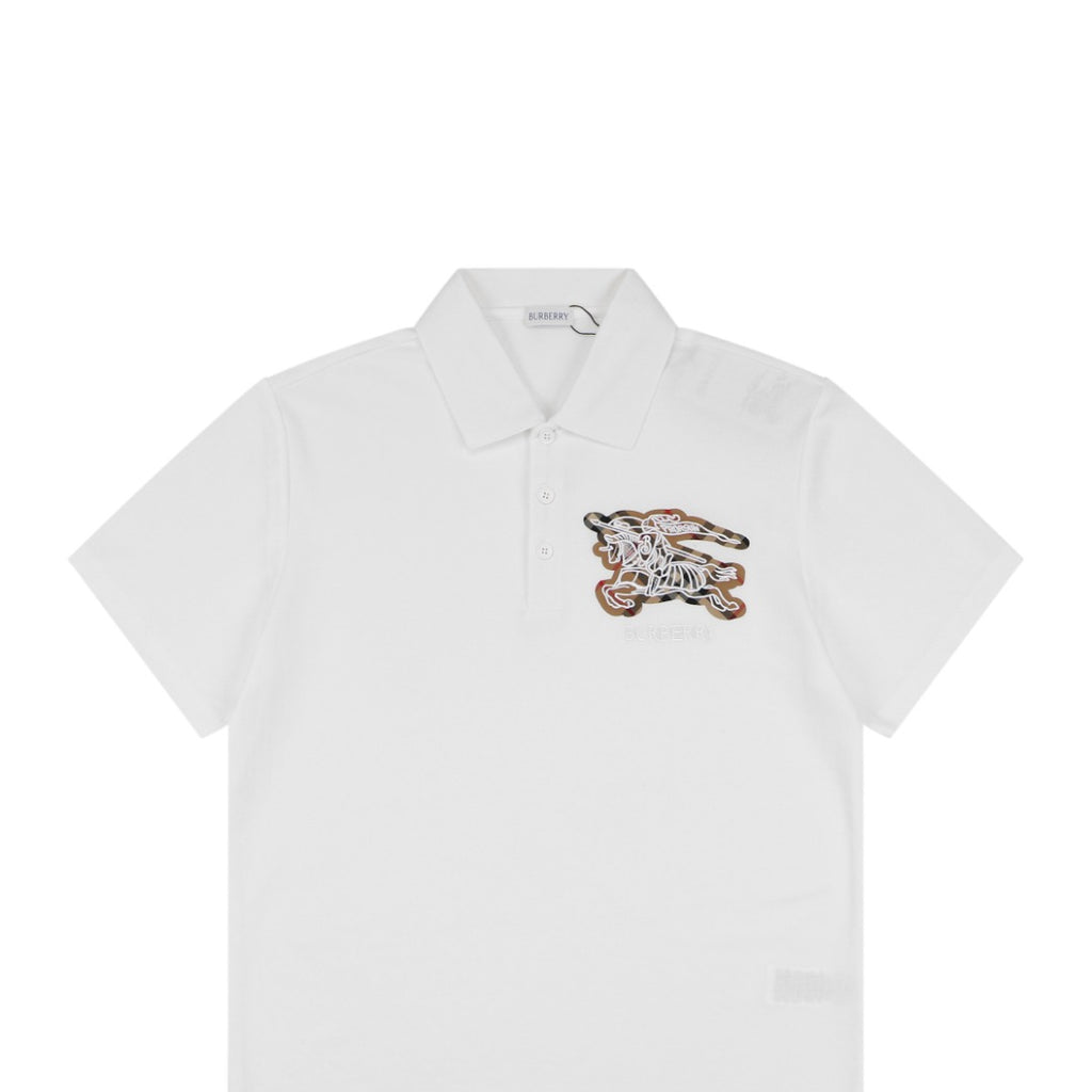 Burberry Tartan Equestrian Knight Embroidered Polo Shirt – White