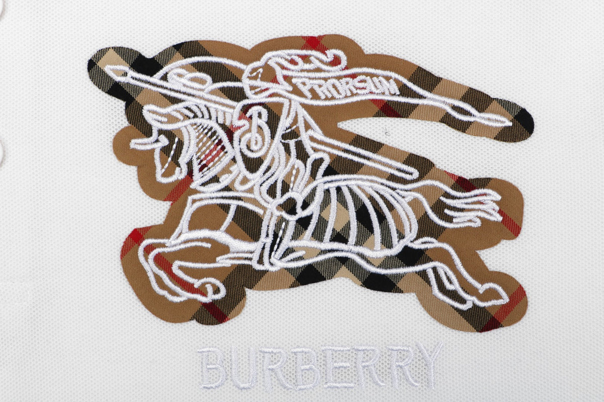 Burberry Tartan Equestrian Knight Embroidered Polo Shirt – White