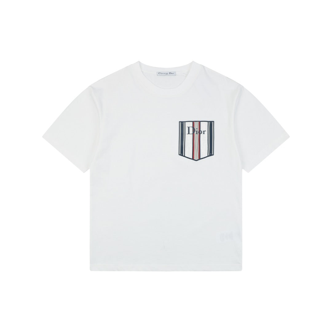 Dior Striped Faux Pocket Short-Sleeve T-Shirt – White