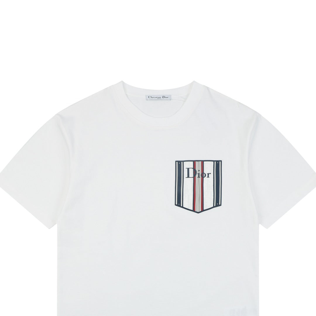 Dior Striped Faux Pocket Short-Sleeve T-Shirt – White