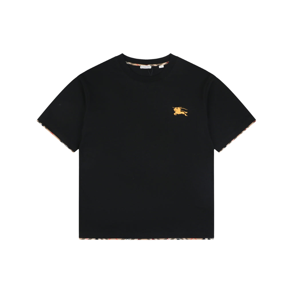 Burberry Tartan Trim Equestrian Knight Embroidered T-Shirt – Black