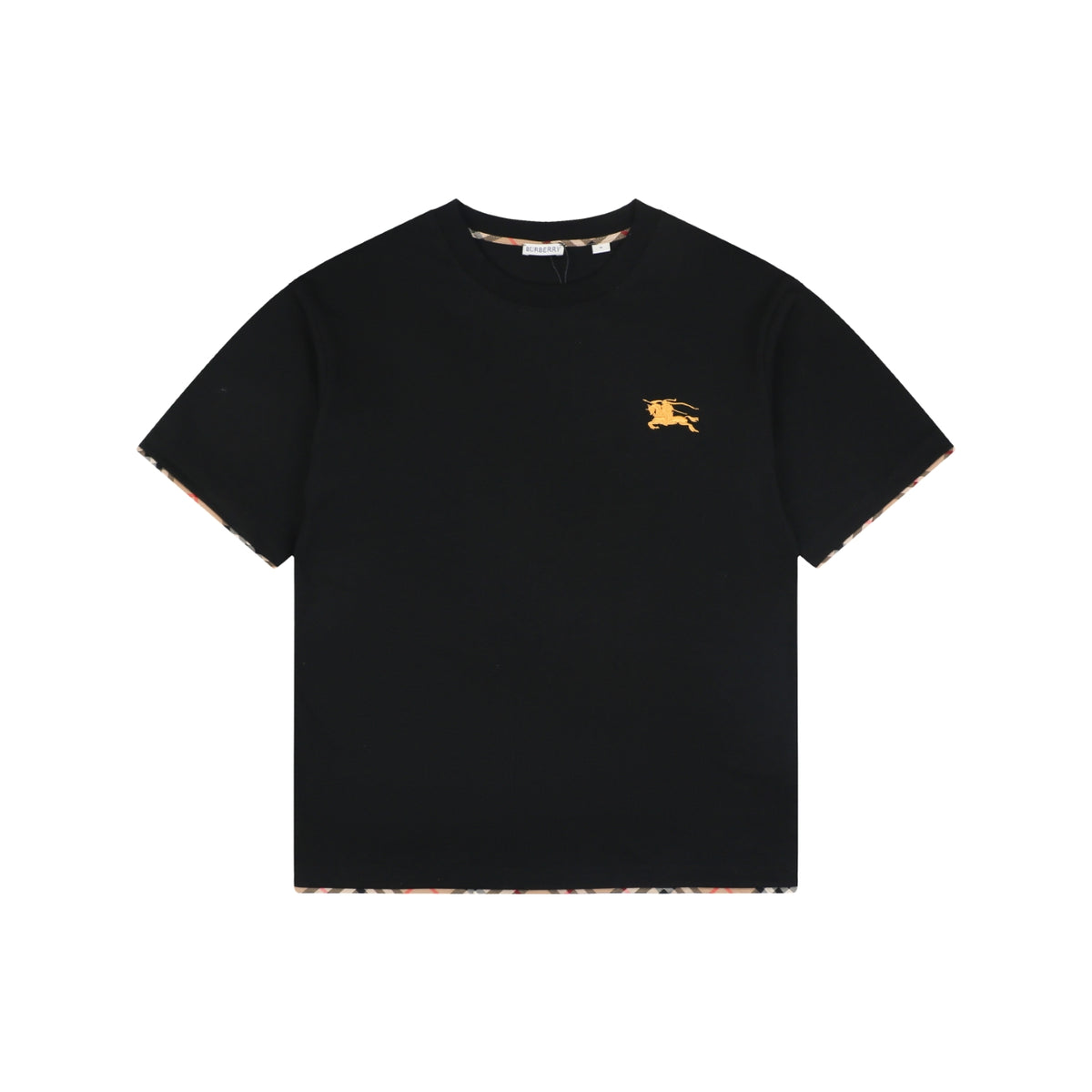 Burberry Tartan Trim Equestrian Knight Embroidered T-Shirt – Black
