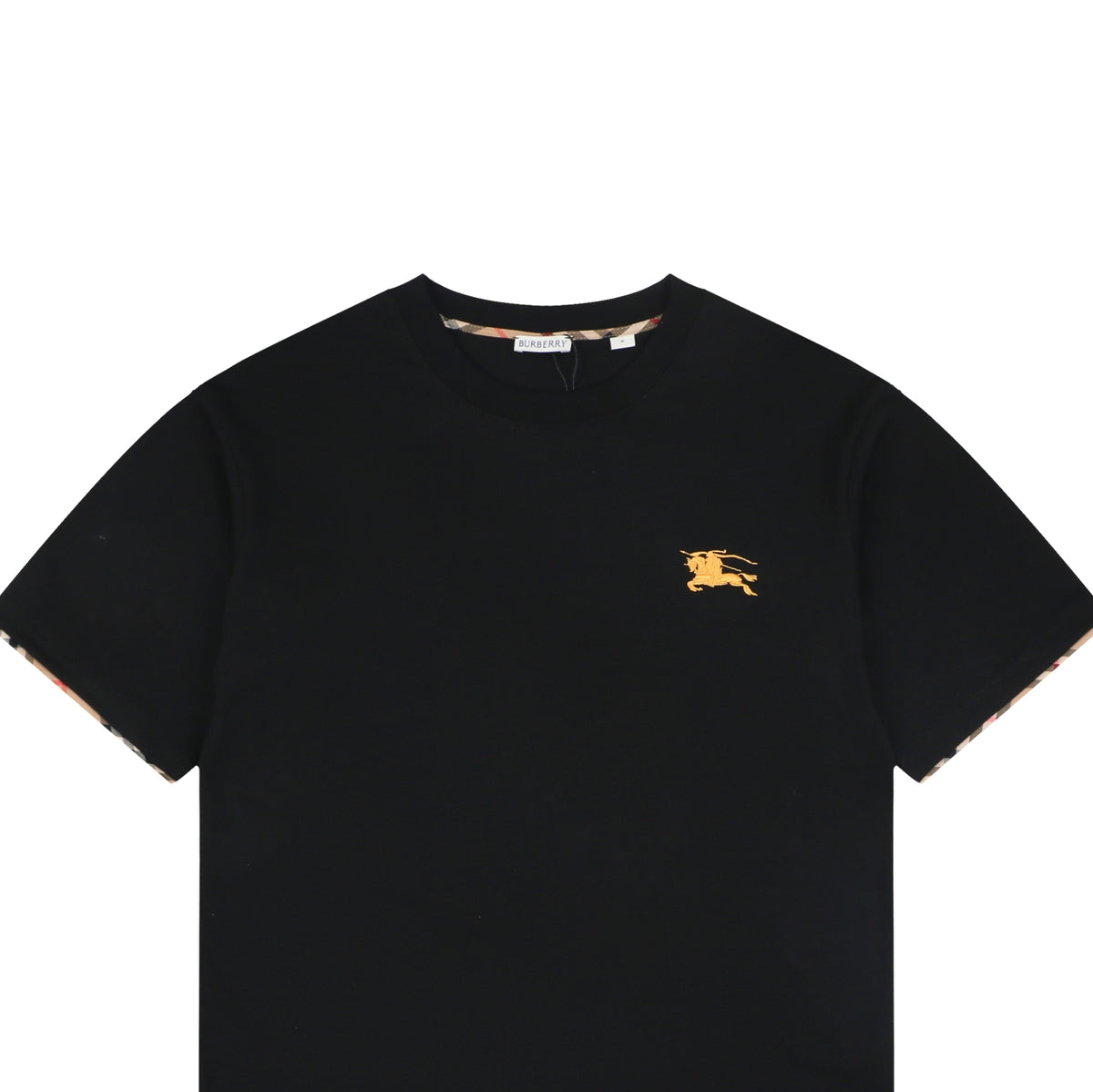 Burberry Tartan Trim Equestrian Knight Embroidered T-Shirt – Black