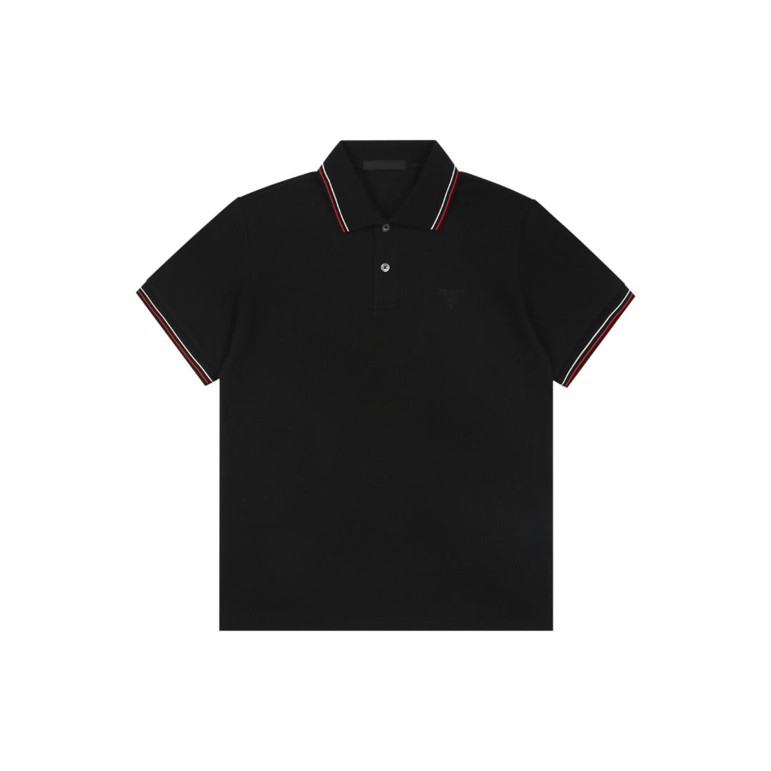 Prada Jacquard Medal Badge Contrast Collar Polo Shirt – Black
