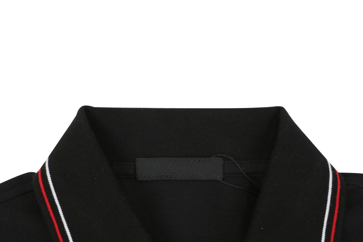Prada Jacquard Medal Badge Contrast Collar Polo Shirt – Black