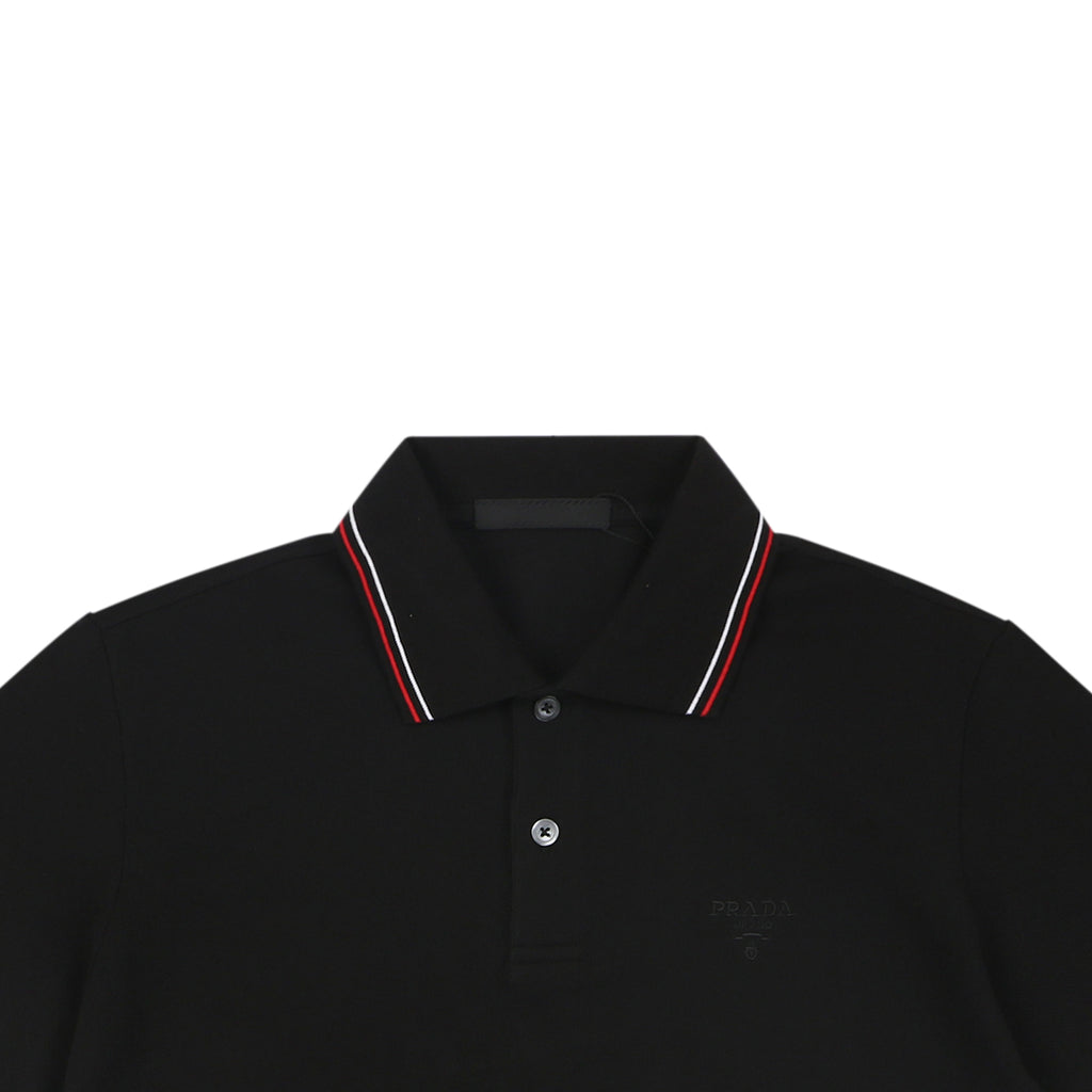 Prada Jacquard Medal Badge Contrast Collar Polo Shirt – Black