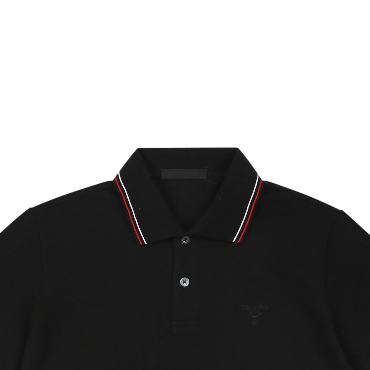 Prada Jacquard Medal Badge Contrast Collar Polo Shirt – Black
