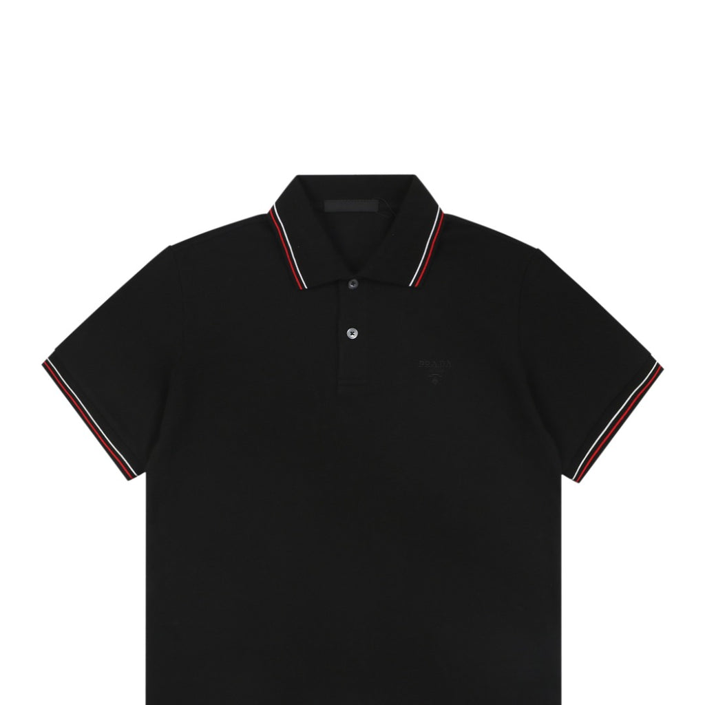 Prada Jacquard Medal Badge Contrast Collar Polo Shirt – Black