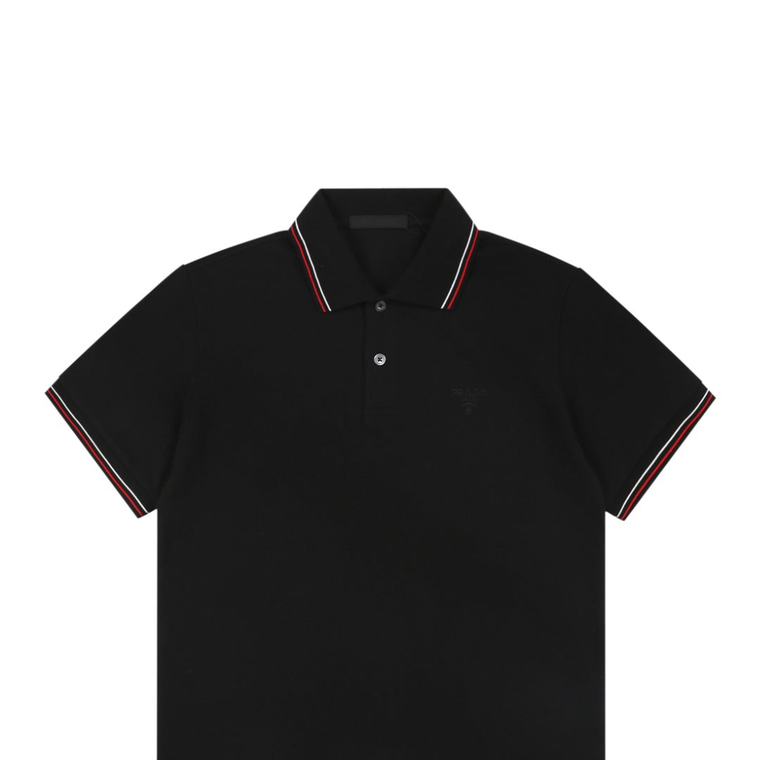 Prada Jacquard Medal Badge Contrast Collar Polo Shirt – Black