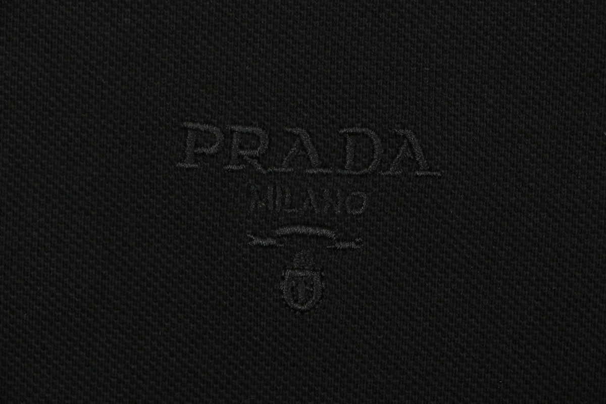 Prada Jacquard Medal Badge Contrast Collar Polo Shirt – Black