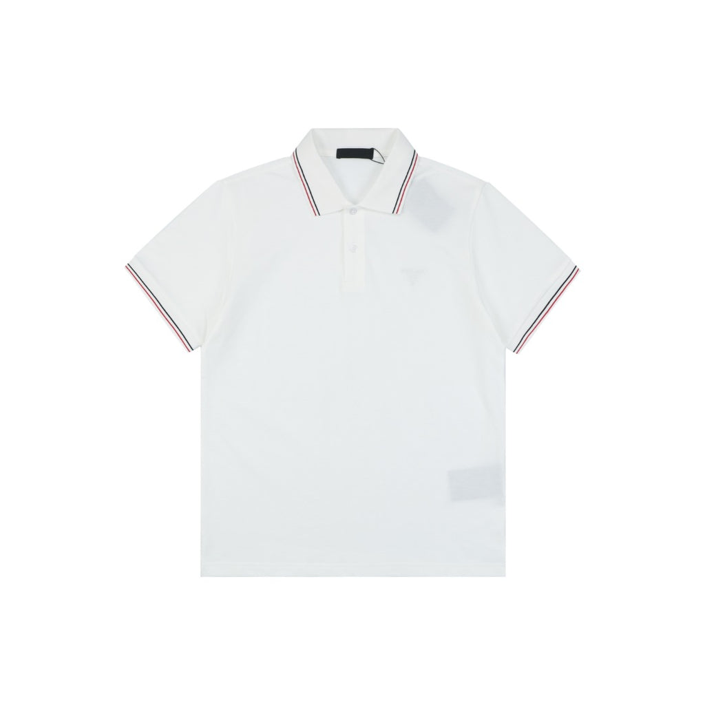 Prada Jacquard Medal Badge Contrast Collar Polo Shirt – White