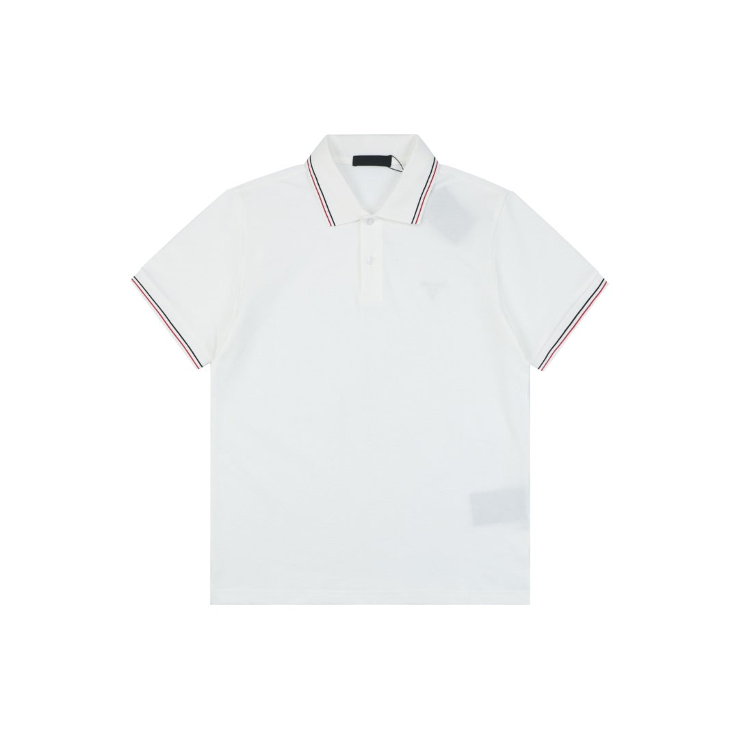 Prada Jacquard Medal Badge Contrast Collar Polo Shirt – White
