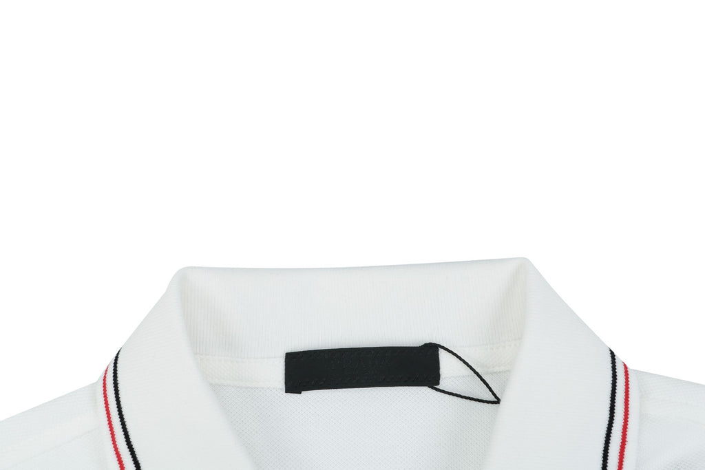 Prada Jacquard Medal Badge Contrast Collar Polo Shirt – White