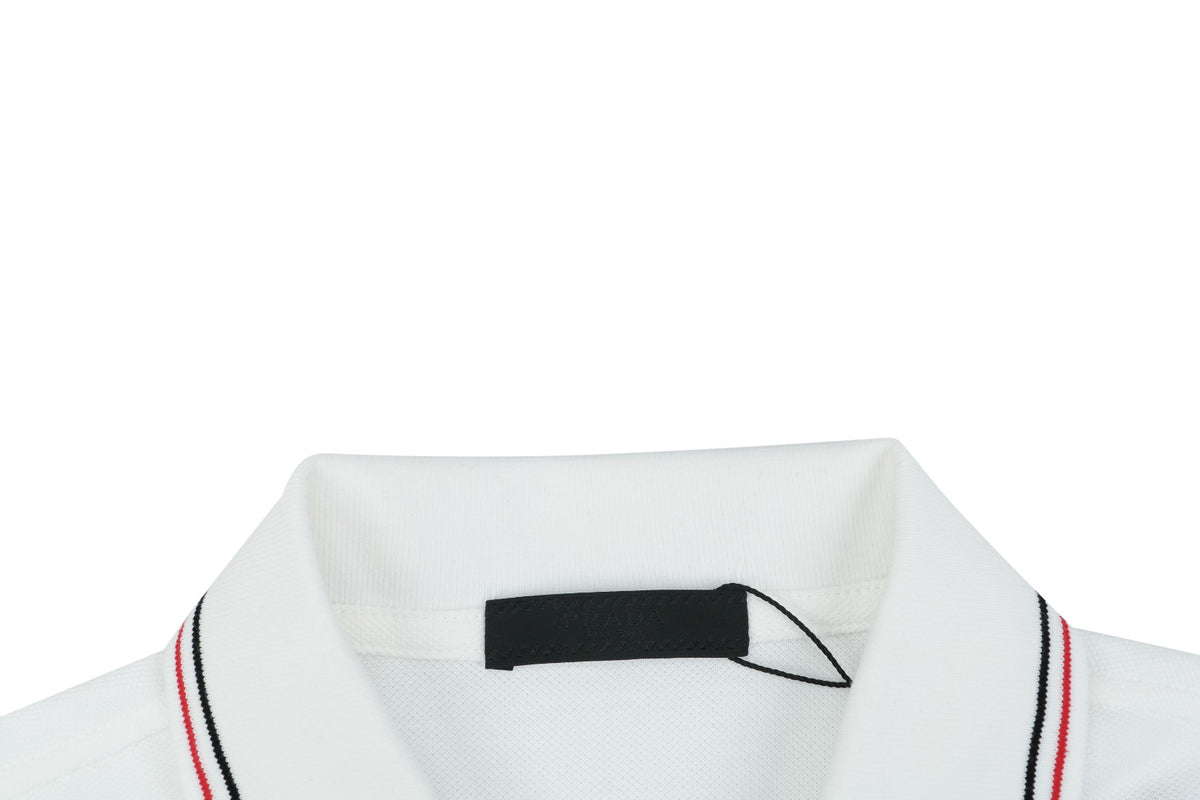 Prada Jacquard Medal Badge Contrast Collar Polo Shirt – White