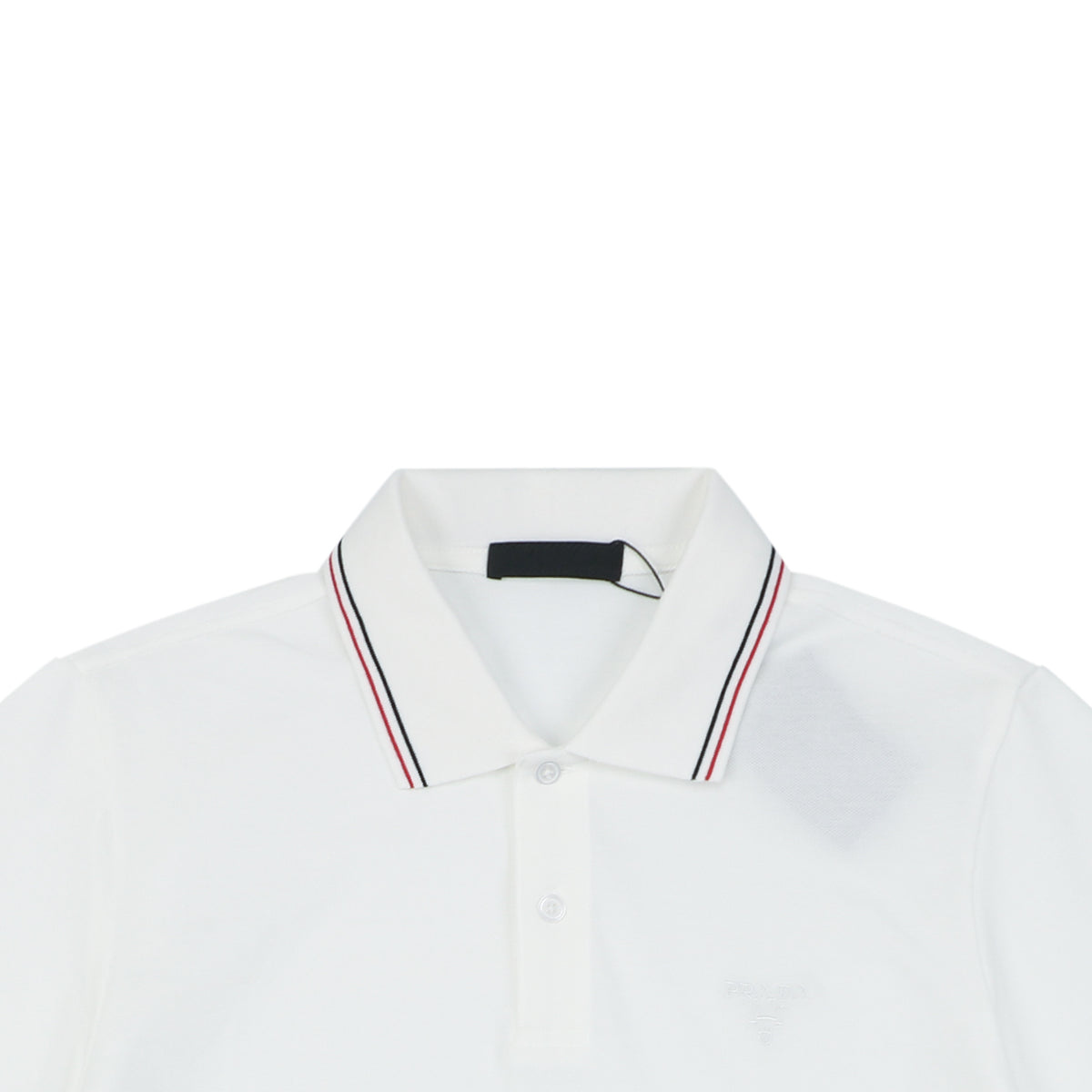 Prada Jacquard Medal Badge Contrast Collar Polo Shirt – White