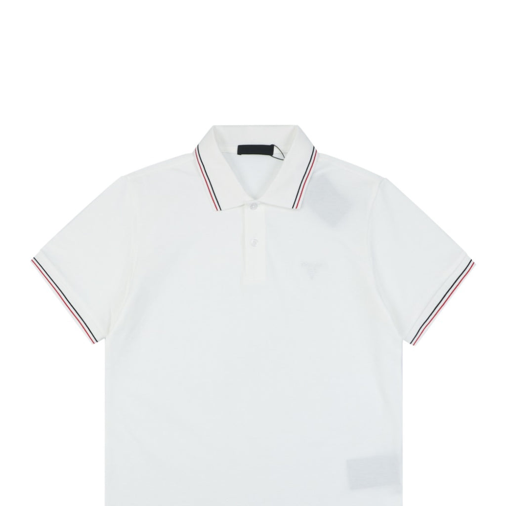 Prada Jacquard Medal Badge Contrast Collar Polo Shirt – White