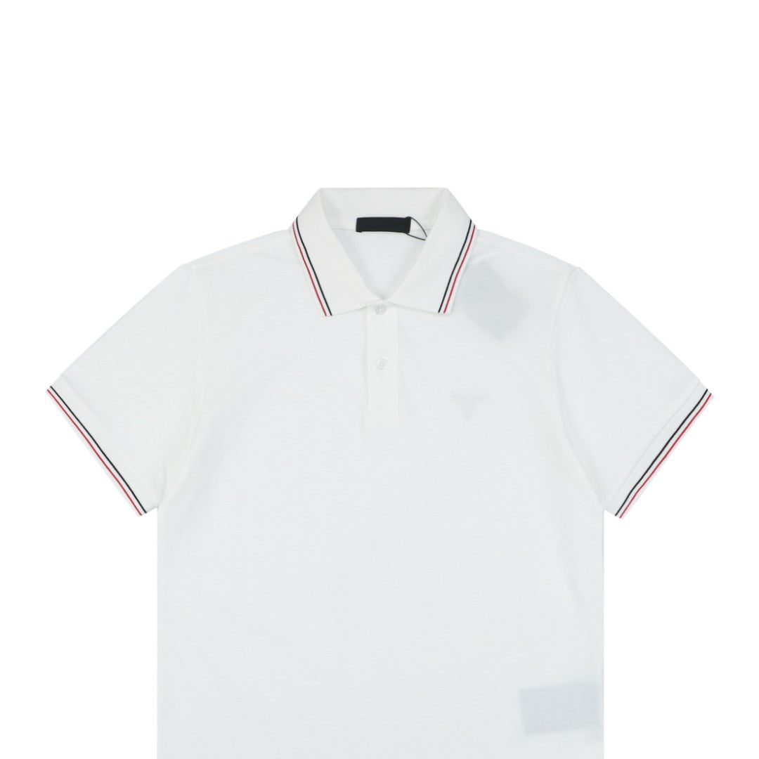 Prada Jacquard Medal Badge Contrast Collar Polo Shirt – White