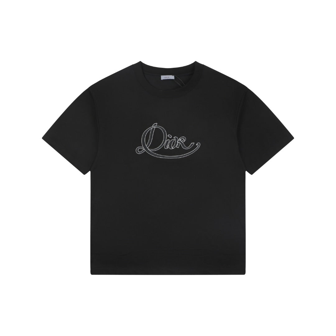 Dior Cursive Script Logo Embroidered Tee – Black
