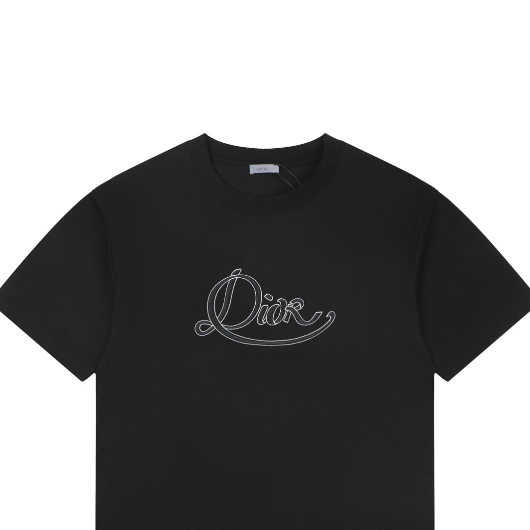 Dior Cursive Script Logo Embroidered Tee – Black