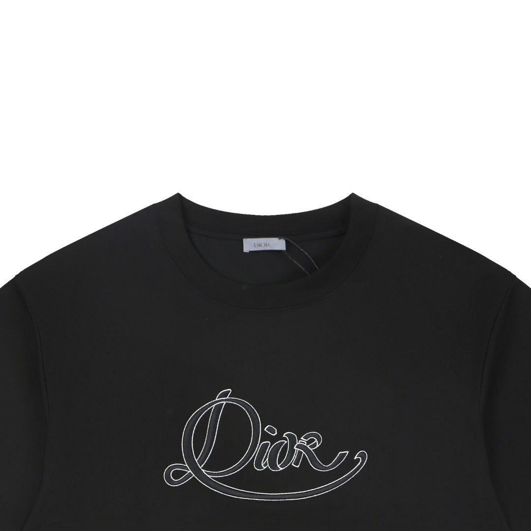 Dior Cursive Script Logo Embroidered Tee – Black