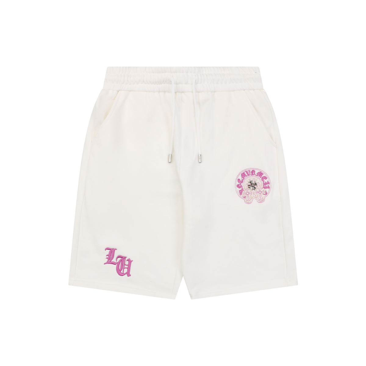 Chrome Hearts Sanskrit Cross Embroidered Shorts – Cream / Pink-Purple